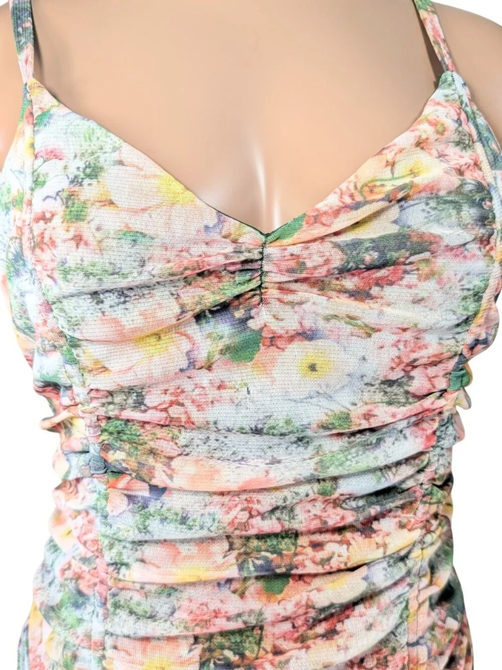 Out From Under Large Floral Lace Lined Adjust Strap Ruched Romantic Body Suit